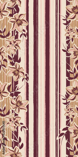 Vector pink brown flowers vertical repeat pattern