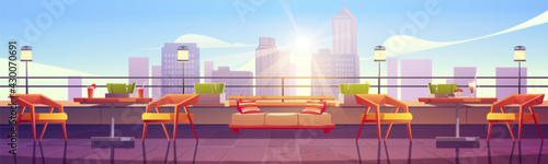 Restaurant at rooftop terrace on city view background. Empty patio with tables and chairs on skyscraper roof. Outdoor cafe area for relax or recreation daytime cityscape Cartoon vector illustration