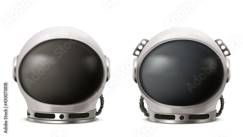 Astronaut helmet, cosmonaut space suit front view isolated on white background. Pilot costume headwear with lamps, tubes and black oval glass with light reflection, Realistic 3d vector illustration