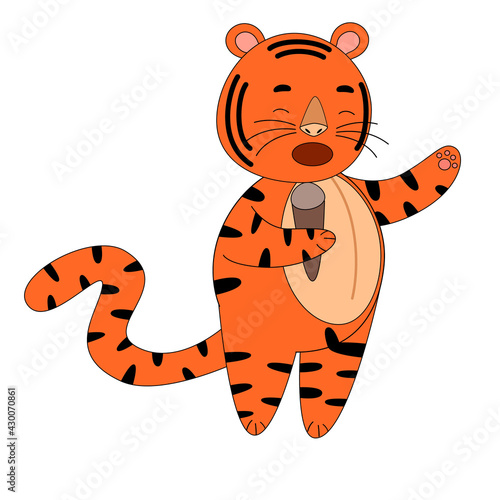 Fototapeta Naklejka Na Ścianę i Meble -  the tiger sings into the microphone, a cute animal.