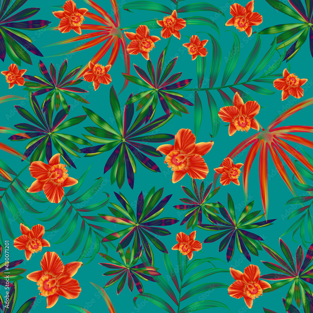 Colourful Seamless Pattern with tropic flowers and leaves. Modern exotic design for paper, cover, fabric, interior decor and other users....