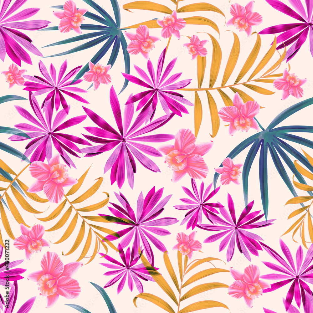 Colourful Seamless Pattern with tropic flowers and leaves. Modern exotic design for paper, cover, fabric, interior decor and other users....