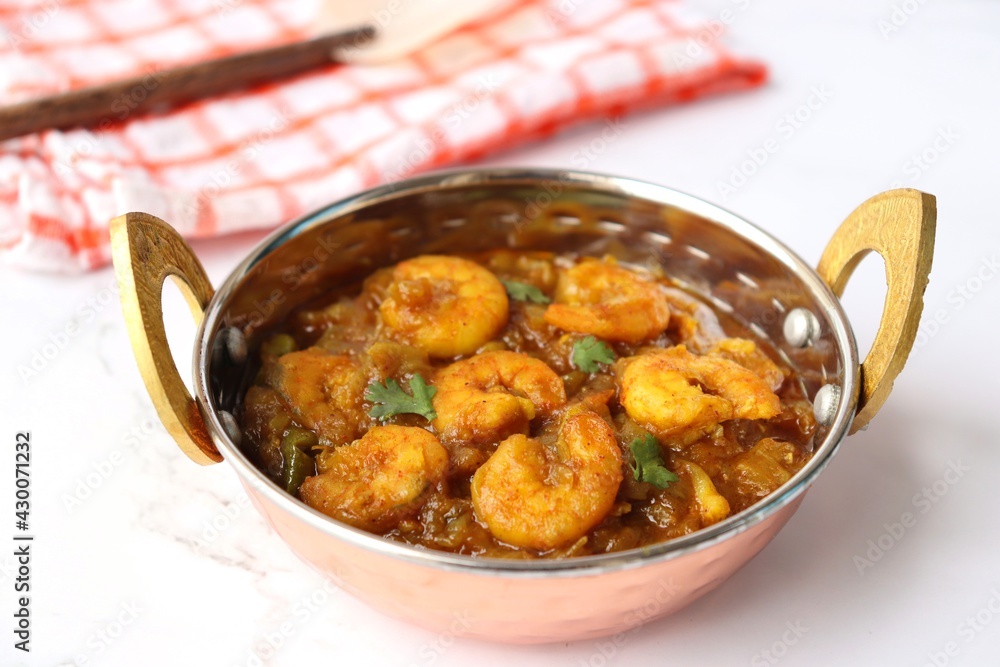 Indian food Prawns masala or shrimp curry. Also known as Kolambi che