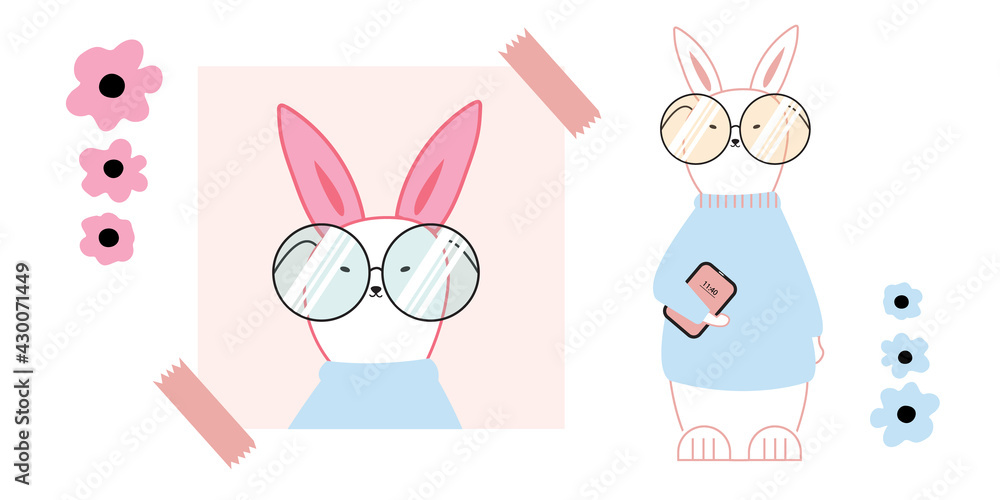 Cartoon portrait of a rabbit with glasses. Cute animal in a sweater. Kawaii character-mascot. Vector illustration of a flat style. Design element, print for T-shirt, banner. All elements are isolated. Cartoon portrait of a rabbit with glasses. Cute animal in a sweater. Kawaii character-mascot. Vector illustration of a flat style. Design element, print for T-shirt, banner. All elements are isolated.