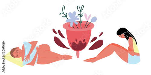 Women's abdominal pain in PMS. Vector hand-drawn illustration of a sad girl, hormonal failure. The concept of women's health and healthcare. Feminine design. Premenstrual syndrome. Menstrual cup.