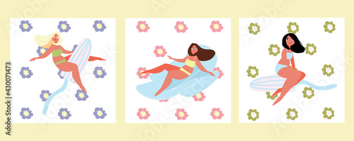 Various cartoon women on the background of flowers. Vector hand-drawn illustration of happy women.Tampon  a pad with wings. Menstruation. The concept of women s health and healthcare. Feminine design.