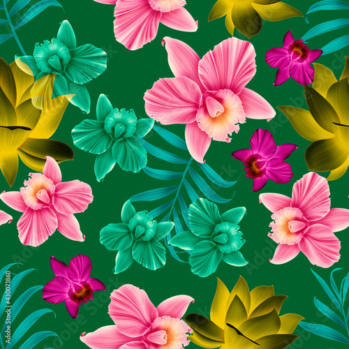 Colourful Seamless Pattern with tropic flowers and leaves. Hi quality fashion design. Fresh and unique botanical background