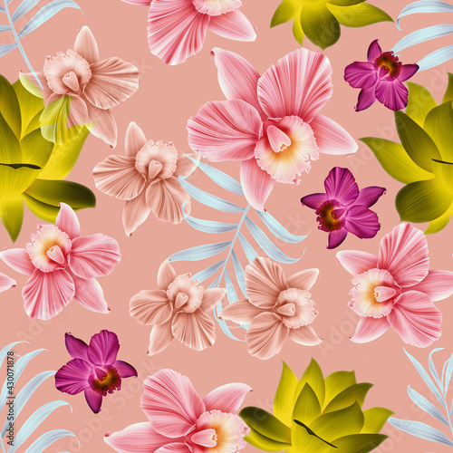 Colourful Seamless Pattern with tropic flowers and leaves. Hi quality fashion design. Fresh and unique botanical background