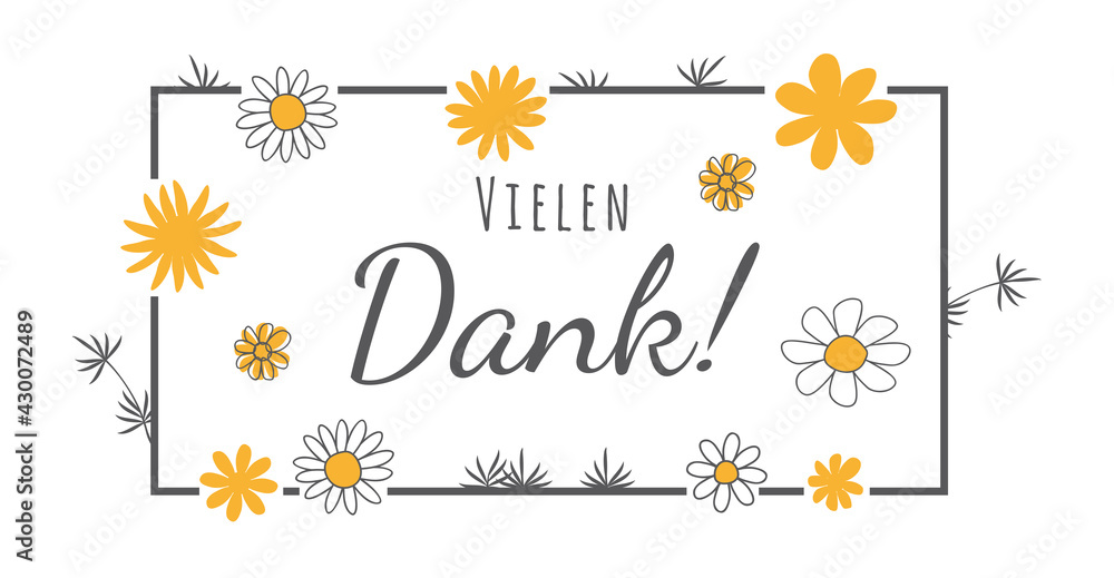 Vielen Dank Schriftzug Handschrift mit gelben Blumen Stock Vector