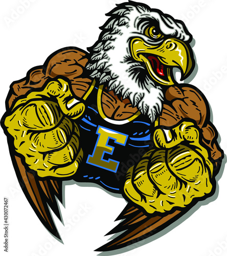 muscular eagle sports team mascot with fists up for school, college or league