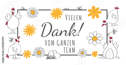 Schriftzug "Vielen Dank vom ganzen Team" Handschrift, Motiv mit gelben und weißen Blumen und Hühnern