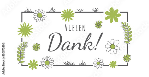 Vielen Dank Text, Handschrift mit grünen Blumen