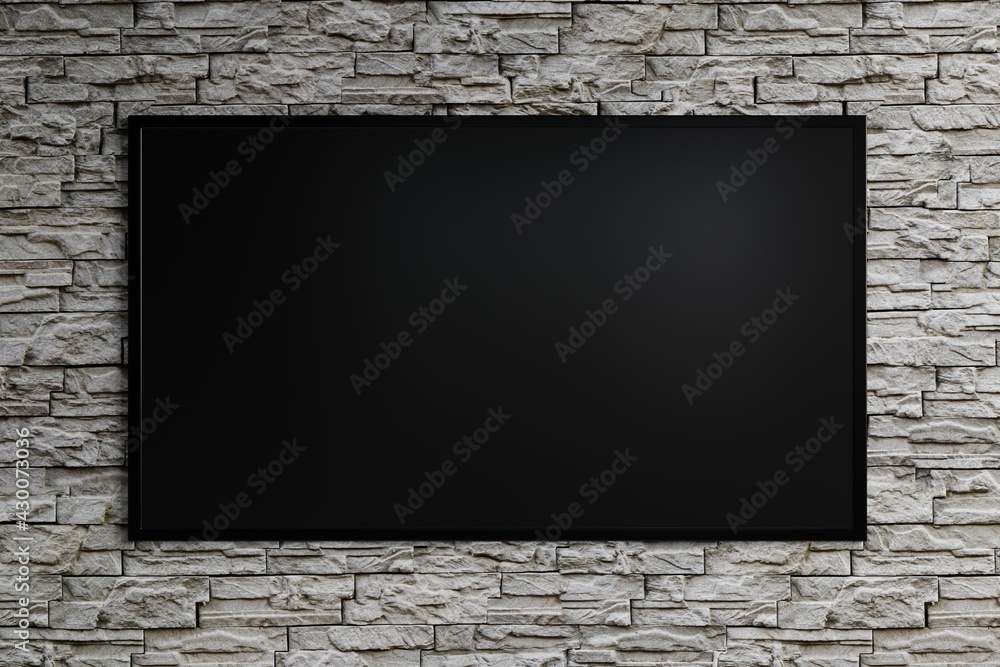 TV mockup on a beautifully patterned gray brick wall.3d rendering. TV mockup on a beautifully patterned gray brick wall.3d rendering.