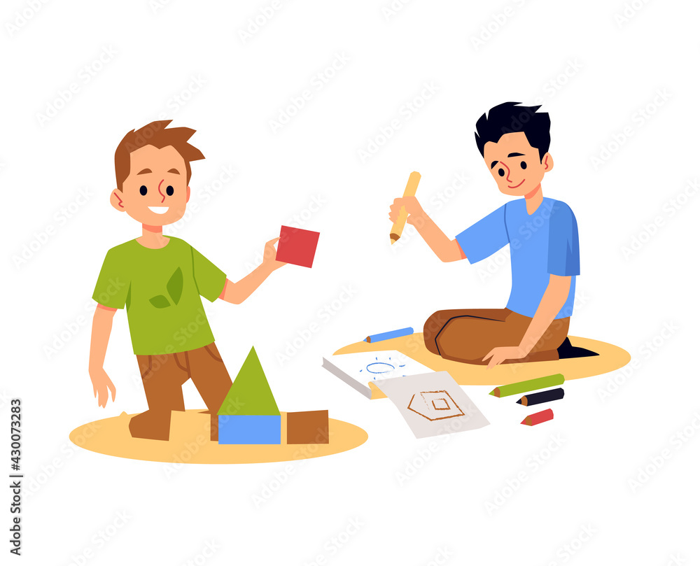 Kids playing in kindergarten room or at home, flat vector illustration isolated. Kids playing in kindergarten room or at home, flat vector illustration isolated.