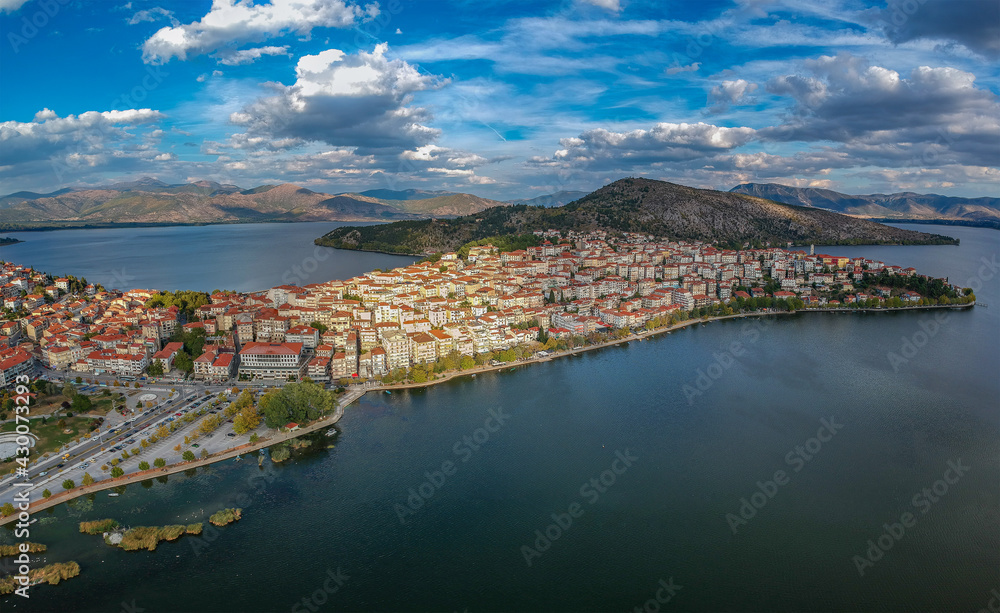 Aerial panoramic view of the wonderful Kastoria town over lake Orestiada, Macedonia, Greece.
