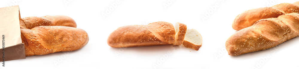 Fresh baguettes with sesame isolated on white background