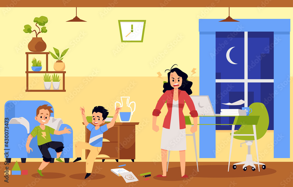 Mother trying to work from home is angry at unruly kids creating chaos and noise Mother trying to work from home is angry at unruly kids creating chaos and noise