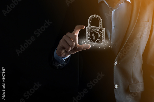 Fototapeta Naklejka Na Ścianę i Meble -  Cyber security network. Padlock icon and internet technology networking. Businessman protecting data personal information on tablet and virtual interface. Data protection privacy concept. GDPR. EU