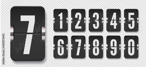 Set of flip scoreboard numbers with shadows for black countdown timer or calendar on transparent background. Vector template for your design.