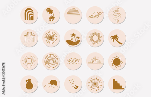 nature object collection with sun,mountain,rainbow for social media,sticker