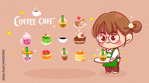 Cute girl holding tray and Bubble tea logo cartoon art illustration