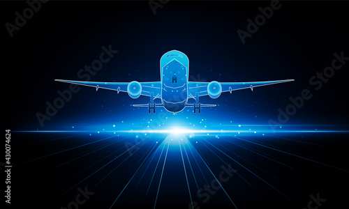 Abstract Light out plane is flying Travel by air transport background Hitech communication concept innovation background vector design.
