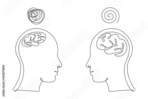 Two Human heads with big and small brains and confused thoughts in one line art style. Continuous drawing illustration. Abstract linear Vector for medicine flyer, banner, brochure, poster