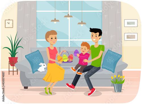 Family easter holiday with kids and adult characters coloring paschal eggs, bun cakes, white rabbit. Parents and happy child on sofa at home holding basket with colored eggs, traditional celebration