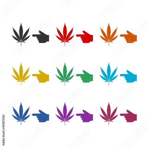 Pointing hand icon with a marijuana leaf isolated on white background color set © sljubisa