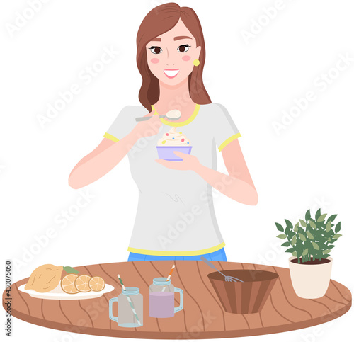 Organic food, diet, fresh products. Slender girl eating natural yogurt. Woman preparing, cooking healthy vegetarian dish or drink. Proper nutrition and vegetarianism concept. Lady enjoying dessert