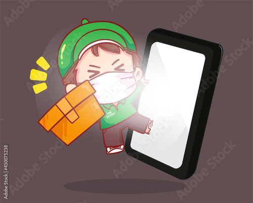 Delivery man parcel handover to customer Online Delivery Service,Smartphone with Mobile App logo cartoon art illustration