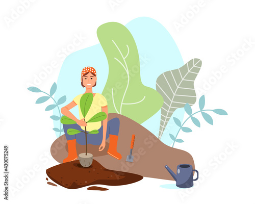 Young cute woman farmer plants a tree sapling in the ground in the garden. The concept of gardening, plant care and watering. Abstract plants and trees in the background. Vector flat illustration