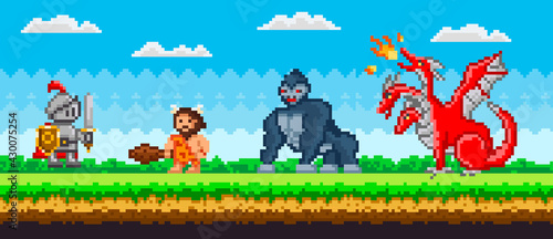 Pixelated natural landscape with warrior holding shield and sword standing on green grass. Knight attacks mechanical robot in armor, gorilla and dragon. Minimalistic pixel cavalier near monsters
