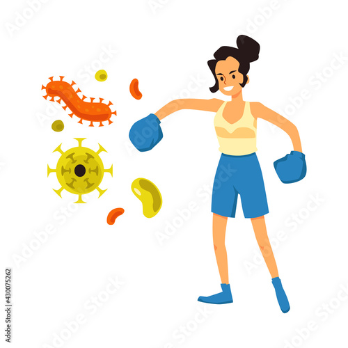 Woman in boxing gloves fighting viruses, cartoon vector illustration isolated.