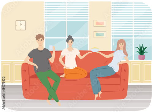 Friends relaxing together. Man and women spend time in living room. Interior design sitting-room. People are resting at home. Joint pastime with friends. Girls eat popcorn and guy drinks tea