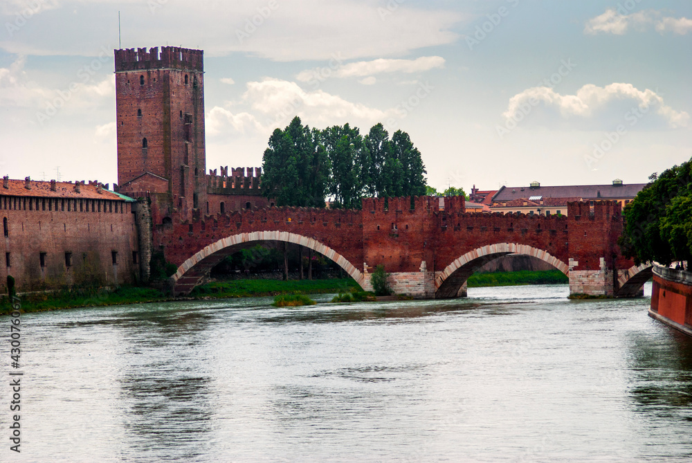 Castel Vecchio Bridge in Verona city, view form Adige river side