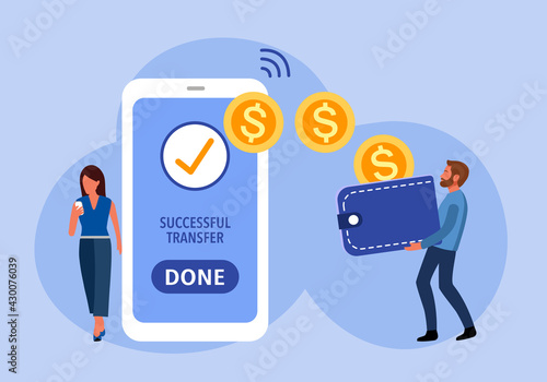 Woman successfully transfer money via smartphone app in flat design. Internet mobile banking transaction. Mobile online payment.