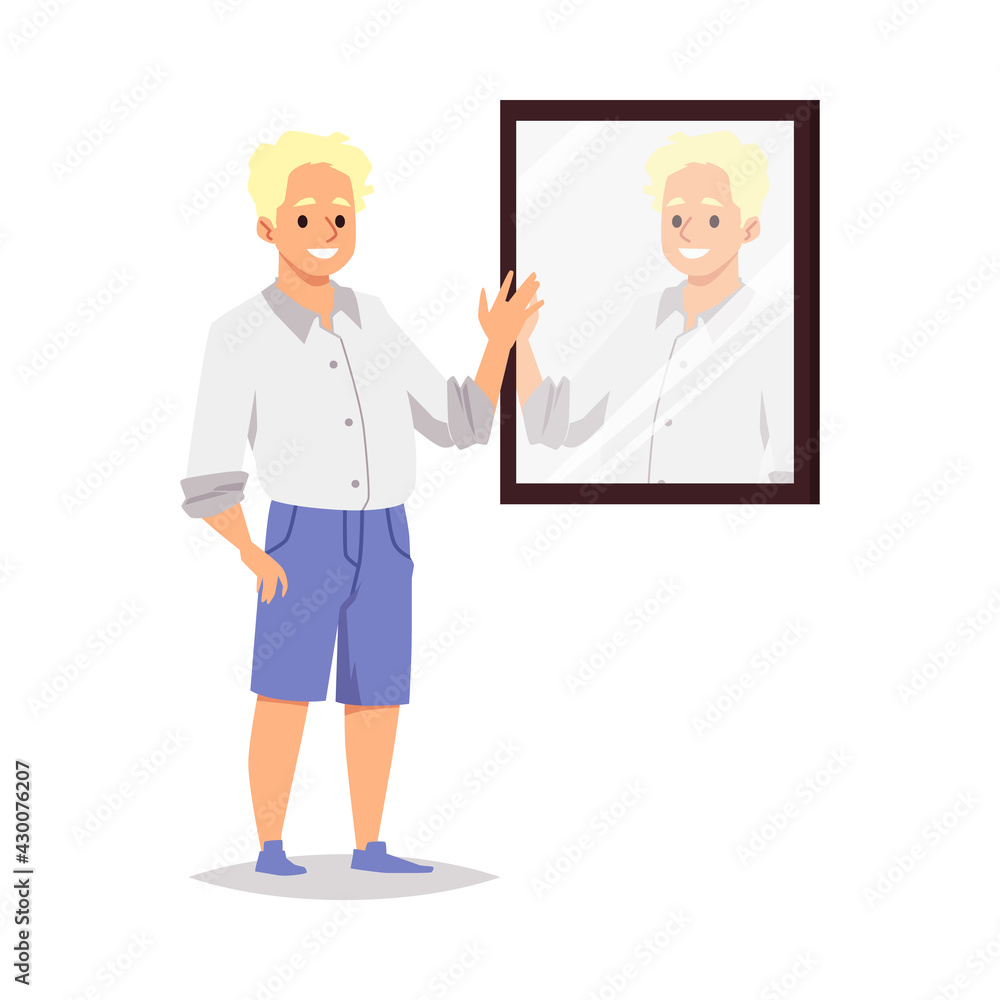 Smiling positive young man looks at reflection in mirror and self acceptance. Smiling positive young man looks at reflection in mirror and self acceptance.