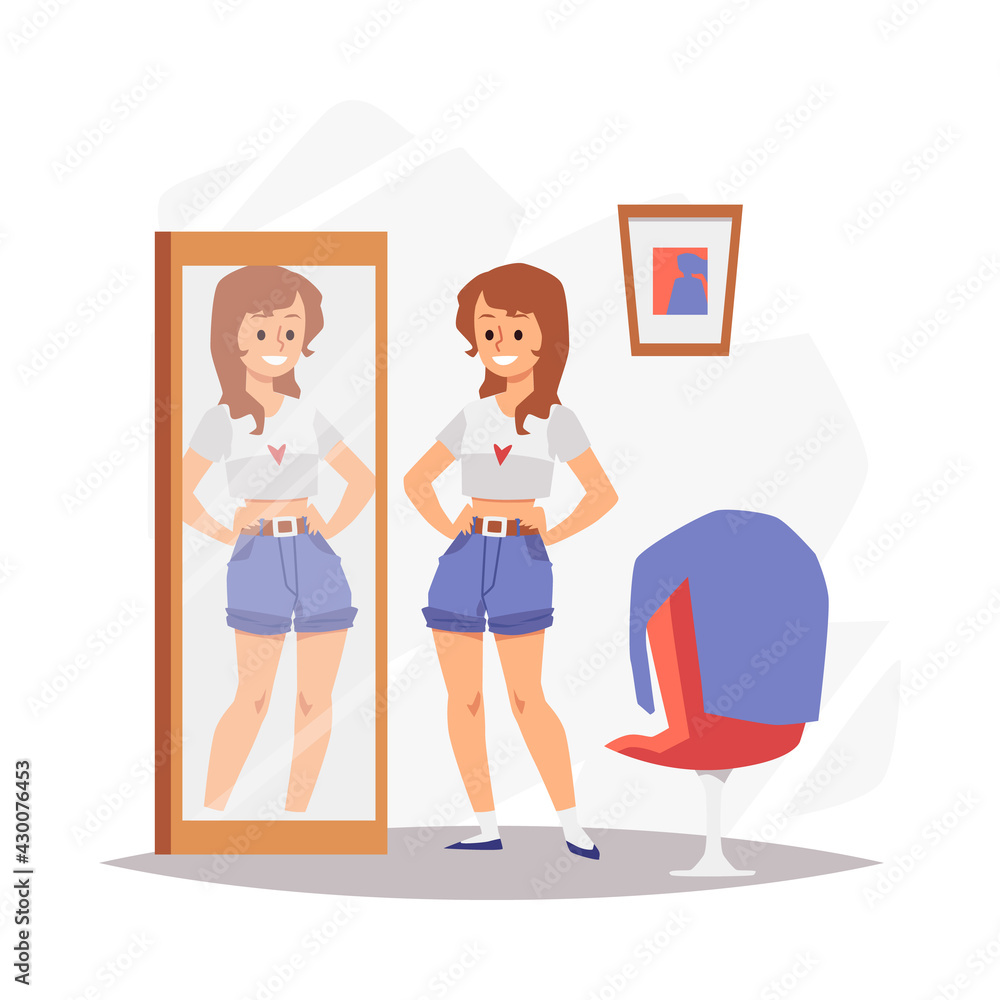 Woman happy and contented with her appearance, flat vector illustration isolated. Woman happy and contented with her appearance, flat vector illustration isolated.