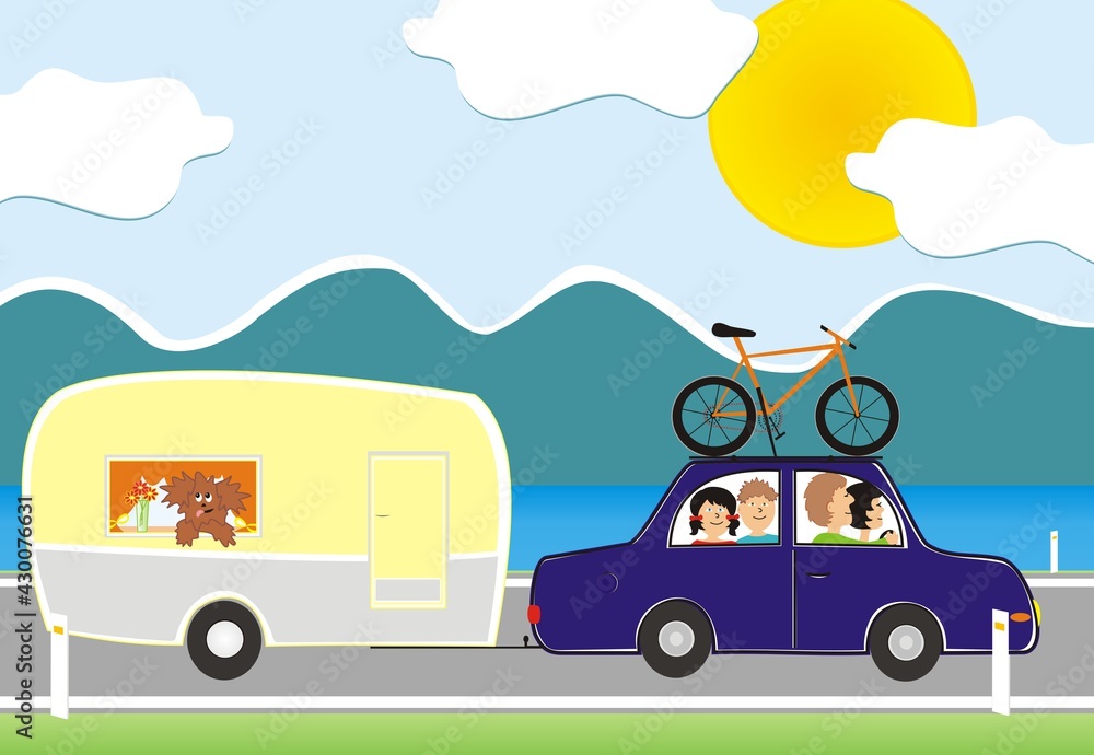 family with caravan, landscape, summer holiday, vector illustration family with caravan, landscape, summer holiday, vector illustration