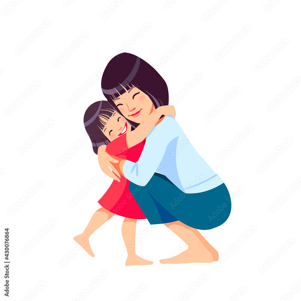 Asian woman mother and child. Mom hugging her daughter with a lot of love and tenderness. Mother's day, holiday concept. Cartoon flat isolated vector design Asian woman mother and child. Mom hugging her daughter with a lot of love and tenderness. Mother's day, holiday concept. Cartoon flat isolated vector design