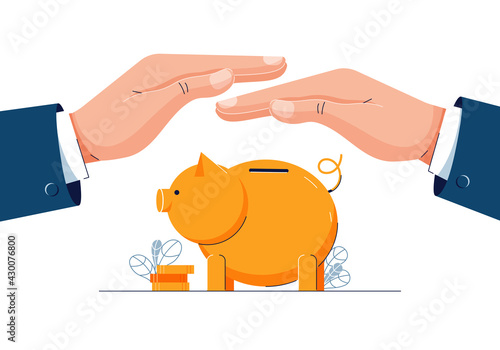 Protect your money concept. Businessman is holding hands over the piggy bank to protect savings. piggy bank, financial saving insurance, Money protection for website design. Flat vector illustration