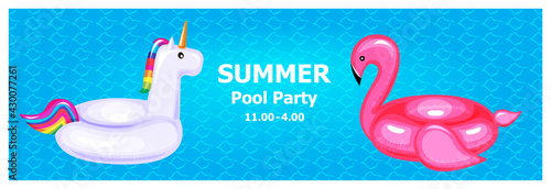 illustration vector flat cute cartoon of inflatable or float on invitation card summer pool party concept.