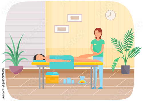 Masseur is massaging legs of patient. Therapist gives massage to young woman lying on couch. Girl touches feets of client with her hands and reduces stress. Massage procedures in medical clinic