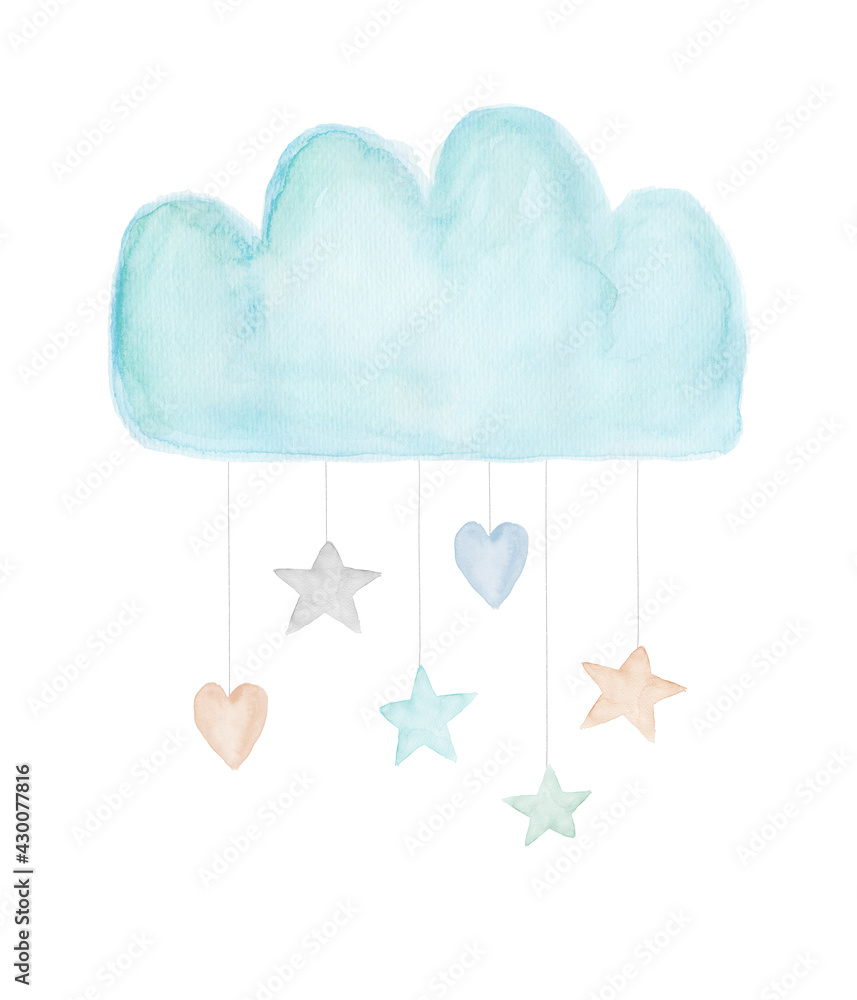 Watercolor Baby Shower Illustration. Pastel Blue Cloud with