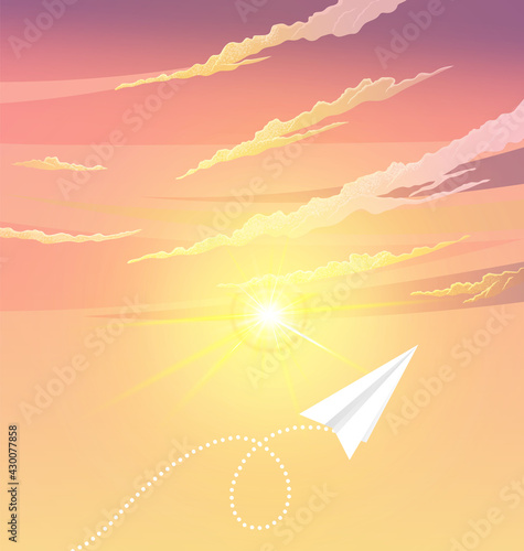 Paper plane flying near sun and sky landscape. Airplane flying among clouds and sun  art style. Pattern design vector illustration. White airplane on layout template. Aircraft flies next to cloudy sky