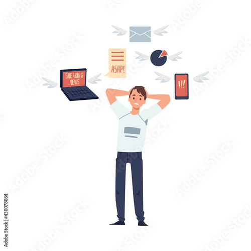 Young man overloading of information and data a vector cartoon flat illustration