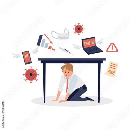 Overloading of information man in stress tries to hide under table.