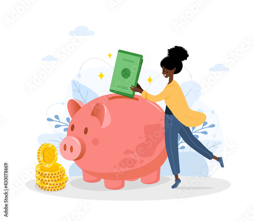 Piggy bank. Happy african woman puts green banknotes in money box. Save money concept. Investments in future. Financial symbol. Banking or business services. Vector illustration in flat cartoon style.