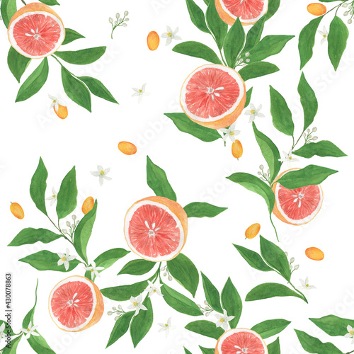Watercolor painting seamless pattern with grapefruits, flowers on white background
